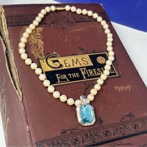 Avon Pearl Necklace w/ Blue Crystal Pendant Vintage
